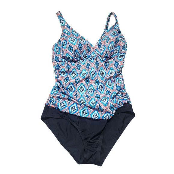 Jantzen Tankini Swimsuit One Piece Padded Blue Orange Pattern Size 14 - Picture 1 of 7